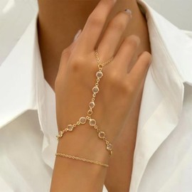 Hand Chain Bracelet Gold Ring Bracelet Stocking Stuffers Hand Chain Adjustable Rhinestone Finger Ring Bracelet Minimalist Hand Jewelry for Women Trendy Christmas Gifts for Women