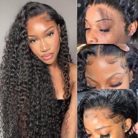 Manorshen 28 Inch 5x5 HD Lace Closure Wigs Human Hair Pre Plucked Deep Wave Human Hair Wigs for Black Women Glueless 180% Density Wet and Wavy Deep Curly Wig Natural Color with Baby Hair