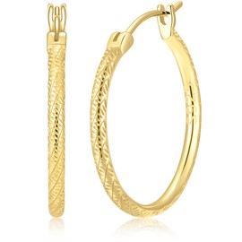 14K Gold Earrings, Gold Hoop Earrings for Women, Engraved Dainty Gold Earrings, 14K Gold Plated 925 Sterling Silver, 25mm