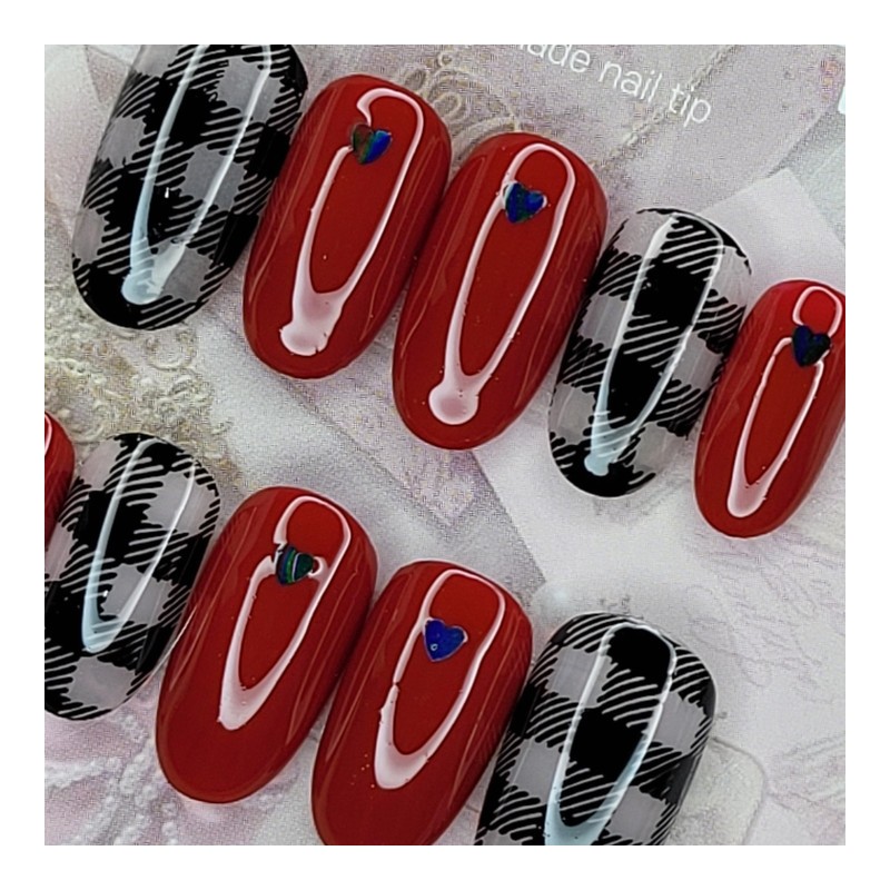 Red Check Handmade Nail Tips - Square L / 레드