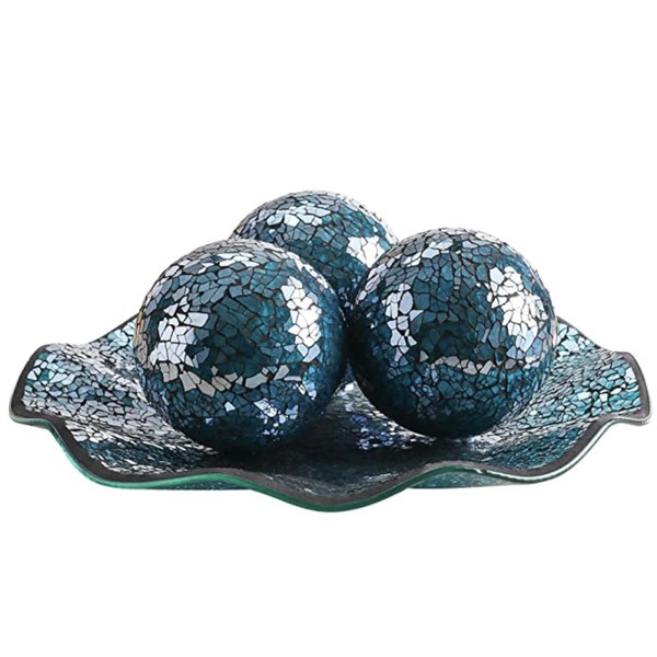 WHOLE HOUSEWARES | 11.5" Glass Mosaic Decorative Centerpiece Tray | Home Décor Centerpiece Bowl | Bowl with 3PCS 3.75" Mosaic Decorative Balls Turquoise Decor