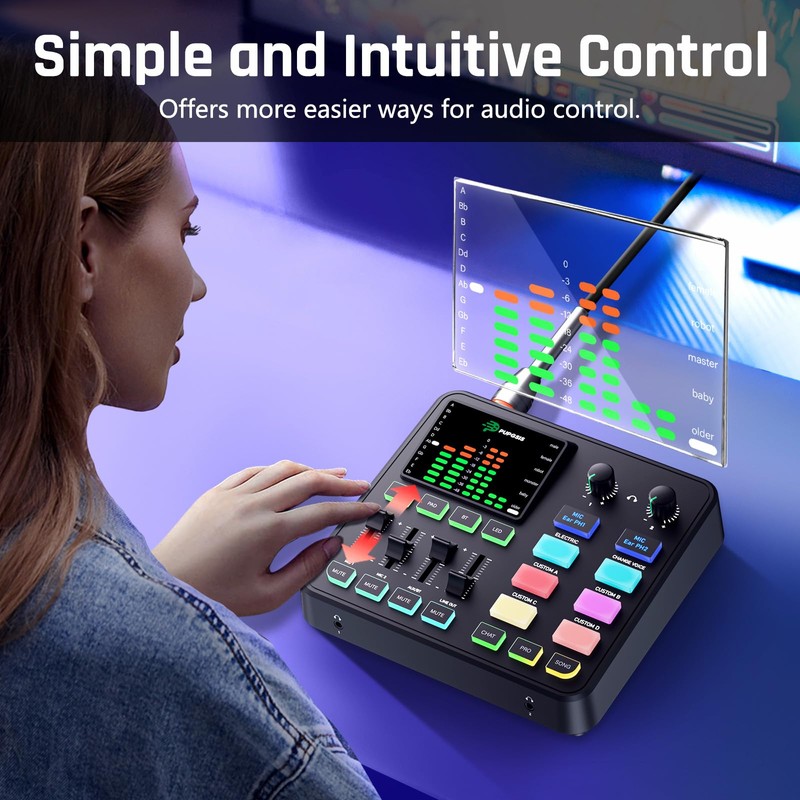 PUPGSIS Gaming Audio Mixer, Audio Interface with Pro-preamp, 48V Phantom