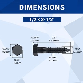 1/2 x 2-1/2" Black Hex Head Lag Screws Bolts (8 pcs), 304 Stainless Steel 18/8, Black Oxide Coated, Partial Thread, Deck Screws, Heavy Duty Hex Head Wood Lag Screws, Fayeploo