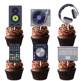 18pcs Glitter Computer Headphones Disc CD Mobile Phone Dessert Cupcake Topper 80s 90s Intelligence Theme Decorations Boy Girl Happy Birthday Decor Supplies
