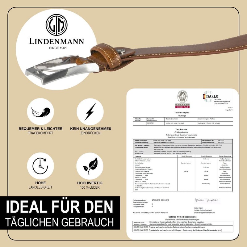 LINDENMANN Men's Leather Belt 35 mm Wide Belt Cowhide Leather