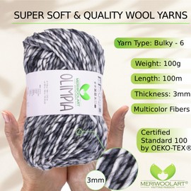 MeriWoolArt Merino Wool for Knitting - 100 m Multicoloured Thick Soft Merino Wool for Knitting for Sweater Jackets - XXL Hand Knitting Wool - Voluminous DIY Wool for Scarves Blankets Scarves Gifts