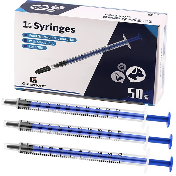50 Pack 1ml Blue Plastic Syringes with Caps for Science