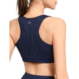 Yvette Denim-Colored High Impact Sports Bras for Women Zip Front Full Support for Large Bust, Denim, M+