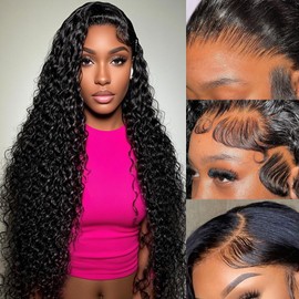 Deep Wave Lace Front Wigs Human Hair 13x4 Hd Transparent Full Frontal Deep Curly Wig 200% Density Pre Plucked With Baby Hair Glueless Wigs For Balck Women (natural black-13x4 deep wave, 24 inch)