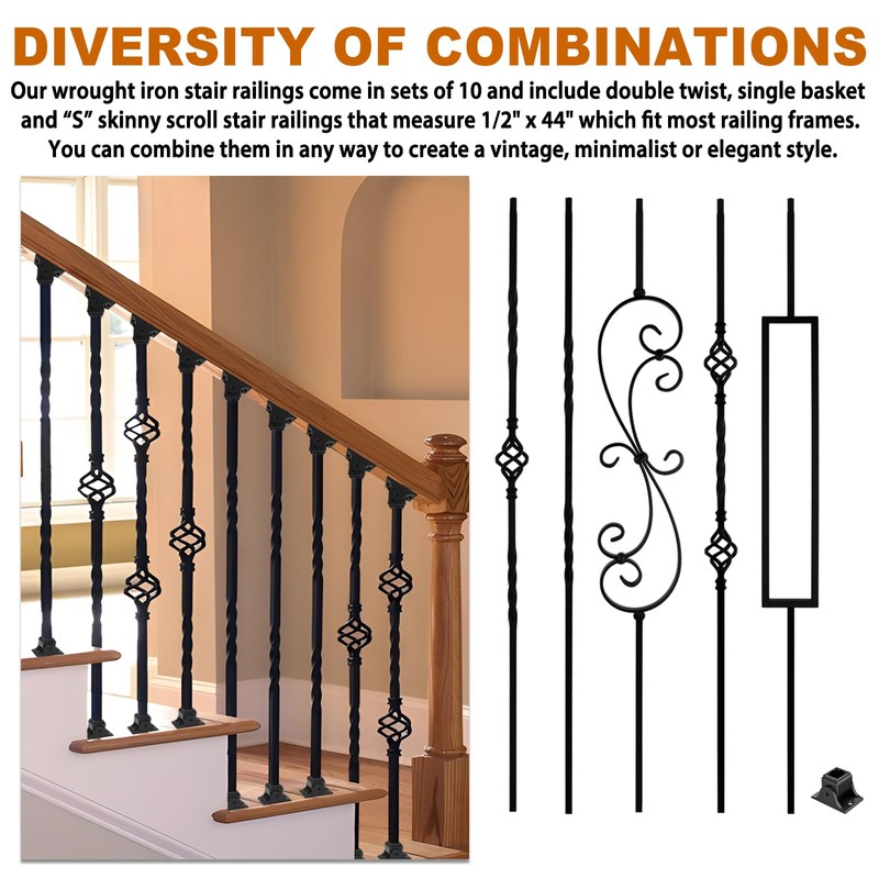 Zwinz 10 Pack Wrought Iron Balusters, 1/2" x 44" Balusters