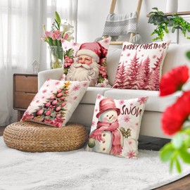 ESSECMBS 4Pcs Christmas Throw Pillow Covers 18 * 18inch Pink Cartoon Christmas Couch Pillow Cases Sofa Pillow Protectors Winter Holiday Home Decorations (Set of 4, 45 * 45cm/18 * 18inch)