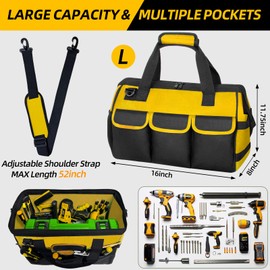 NECKORY Tool Bag, Portable Tool Box Organizer Adjustable Shoulder Strap, Carry Tool Tote Heavy Duty Tool Storage Bag With Wide Mouth,Tool Bags for Men Mechanic EngineerGift - L, Yellow & Black