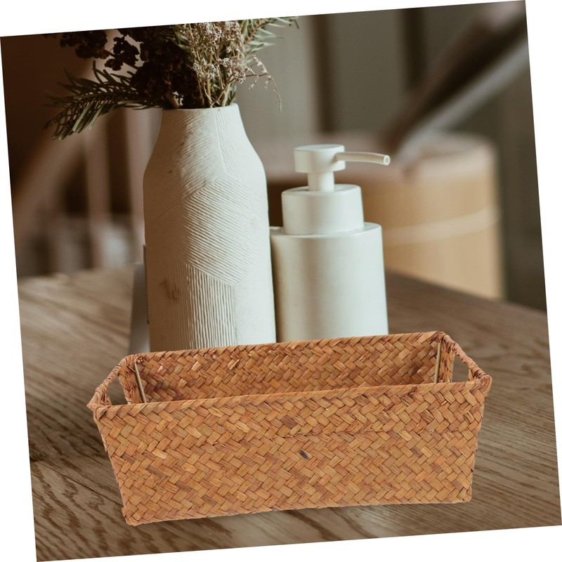 WOONEKY Seagrass Woven Rectangle Basket Wicker Storage Basket for Desktop