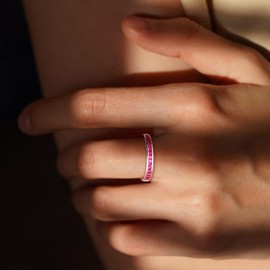 Red Stone Ring Sterling Silver Half Eternity Band Wedding Engagement Signet Ring 925 July Birthstone Ring Ruby Ring for Women, Size 7