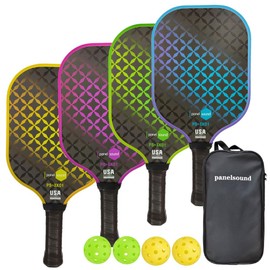 Panel Sound Pickleball Paddles Set of 4, 4 Fiberglass Pickleball Rackets, Pickleball Racquets 4 Pack with 1 Carrying Case & 4 Outdoor Balls