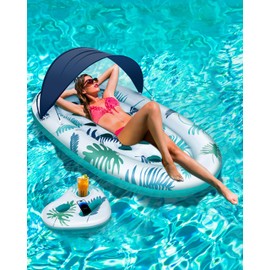 Pool Floats with Canopy and Cup Holder Pool Floats for Adults Heavy Duty Inflatable Lounger Tanning Raft Floating Chairs for Lake Swimming Water Party Games Toys