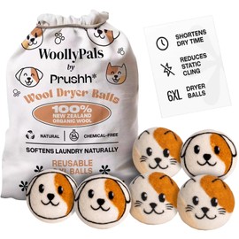 WoollyPals Wool Dryer Balls (6-Pack, XL Size)- 100% New Zealand Organic Wool - Sustainable & Eco-Friendly - Dry 1,000 Loads, Replaces Dryer Sheets, Reduces Static Cling, Reusable (Mews & Woofs Design)