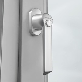 SCHÜCO Window handle with push button in silver, window handle with lock button as child lock and burglary protection from the brand manufacturer Schüco