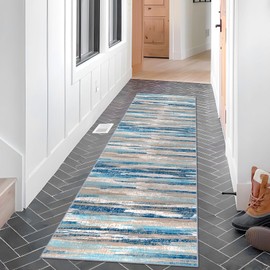 Lansny Modern Abstract Runner Rug 2x7, Blue Washable Kitchen Runner Entryway Rug Mat Non-Slip Soft Hallway Rug Runner Thin Print Faux Wool Carpet for Bedroom Laundry Room Indoor Home Decor