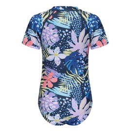 Qterdiz Big Girls One Piece Swimsuits Rash Guard for Girl Short Sleeve Bathing Suits with Front Zipper Sun Protection Swimwear Navy Blue Floral Size 14/12-14 Years