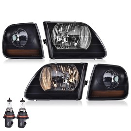 G-PLUS Headlights Assembly, Compatible with 1997-2002 Ford Expedition Headlamp, Driver and Passenger Side, FO2502182 FO2503182 FO2520170 FO2521170, Smoky lens Black Housing Amber Reflector