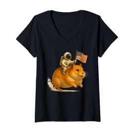 Womens Space Hamster USA Ride, Funny Astronaut Patriot Meme V-Neck T-Shirt