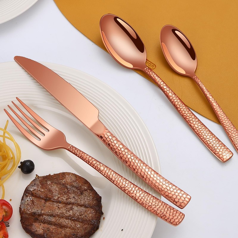 45-Piece Silverware Set with Serving Utensils Set, Rose Gold Hammered