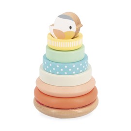 Janod J05145 Culbuto Wooden Bird Toy 7 Pieces Tower for Stacking Moveable Base Baby Toy from 1 Year J05145