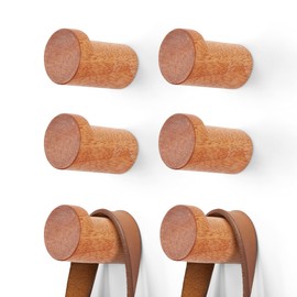FANATU Wooden Coat Hook Wall Mounted (6 Packs) Hat Hooks, Single Coat Hat Rack Wall Mount, Wood Coat Hanger for Hanging Hat, Towel, Bag, Rope (Brown, 2" Set 6)