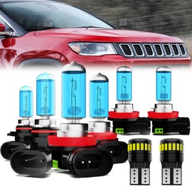 LECCIBUB Headlight Bulbs License Plate Lights Fit For Jeep Compass 2014-2018, 9005 High Beam + H11 Low Beam + H11 Fog Lights Halogen Light Bulb + License Plate Lights, Pack of 8