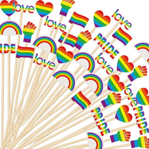 Karenhi 100 piezas de palillos de dientes con orgullo gay arcoíris de bambú de 5.9 pulgadas LGBT para cupcakes, decoración de corazón para fiestas, bodas