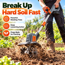 Cordless Electric Garden Tiller for Soil Cultivation – Anti-Tangle Blades and Adjustable Handle for Small Gardens