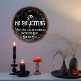 Putuo Decor Gothic Home Decor Aesthetic Wood Dark Academia Wall Decor - No Soliciting Violators Will Be Sacrificed To The Old Gods Not The New Plaque - Antique Creepy Skull Art Wall Decor For Bedroom