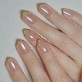 White Press On Nails Short - KQueenest Chrome Press On Nails Oval, Sparkle Gel Fake Nails Press on with Mirror Effect, Cute Glitter Glue on Nails Short Almond, Stick On Nails for Women 24 Pcs