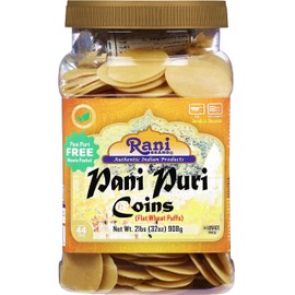 Rani Pani Puri Coins (Uncooked, Microwaveable Wheat Semolina Coins) 32oz (2lbs) 908g w/Pani Puri Masala (14-Spice Blend for Indian Spicy Water) 1.75oz (50g) ~ All Natural | Vegan | NON-GMO | Kosher