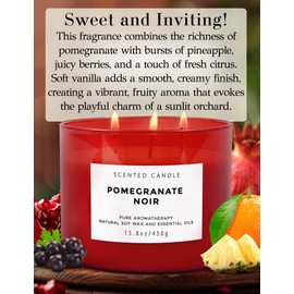 Pomegranate Noir Vanilla 3 Wick Candle | Highly Scented Natural Soy Candle 15.8 oz | Aromatherapy Stress Relief Candle Long Lasting & Clean Burn | Luxury Relaxing Gift for Home, Women & Men