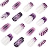 Uñas postizas francesas con flores moradas, acrílicas, largas, cuadradas, de