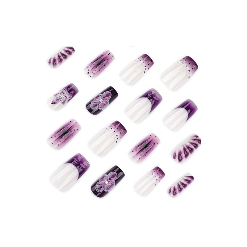 Uñas postizas francesas con flores moradas, acrílicas, largas, cuadradas, de