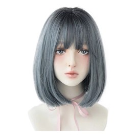 Jorla  Peluca Natural Ondulada Verde Azulado Corto Con Flequillo