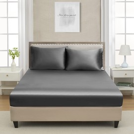 King Silk Satin Fitted Sheet, Soft Deep Pocket Single Bottom Bed Sheets Sold Separately, Wrinkle Free, Non- Fading, Breathable, Fully Elasticized(King Size, Dark Grey)