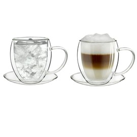 Creano Double Walled Coffee Glasses with Handle & Saucer 250ml - Insulated Cappuccino Cups - Latte Macchiato, Tea - Handmade Heat Resistant Mugs - 2 pcs (Pack of 1)