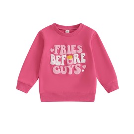 Socutebabe Valentines Day Baby Outfit Toddler Girl Valentines Day Shirt Fries Before Guys Sweatshirt Vintage Sweater Clothes (Fries Before Guys Embroidered Hot Pink, 3-4T)