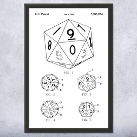 Framed 20 Sided Dice Print, Game Room Art, Gamer Gift, Dice Blueprint, Board Game Art, Toy Store Decor, Play Room Decor Black & White (9x12)