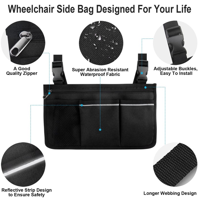Wheelchair Side Organizer Storage Bag Armrest Pouch with Cup Holder