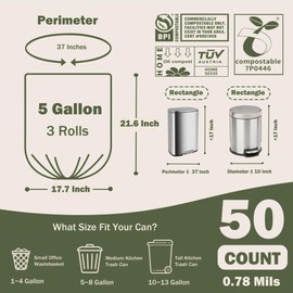 JENCENBIO 5 Gallon Compostable Trash Bags Compost Food Scrap Waste Bags with US BPI ASTM D6400 and Europe OK Compost Home Certified Green Christmas Gift 50 Couts