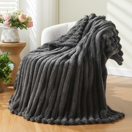 NEWCOSPLAY Super Soft Throw Blanket Grey Premium Silky Flannel Fleece 3D Ribbed Jacquard Lightweight Bed Blanket All Season Use (Grey Ribbed, Throw(50"x60"))