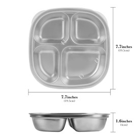 Linkidea 2 Pack Stainless Steel Portion Control Plates, Triple Divided Plates with Lids, Divided Plates for Adults, Suitable for Diet Food Control, Camping Insert (Four Grids)