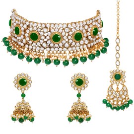 Aheli Faux Pearl Choker Necklace with Earrings Indian Traditional Bollywood Jewelry Set for Women Girls Green