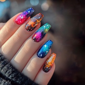 24Pcs Glitter Starry Nails, Acrylic Full Cover Coffin Nails – Medium Press ons, Ballet Tip Design