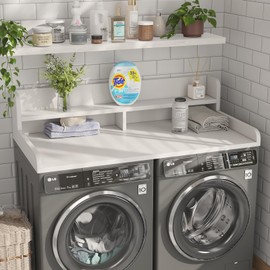 Corbyles 2-Tier Washer Dryer Countertop with 2.75" H Edge Rails, 54" W x 27.55" D Laundry Countertop for Folding Clothes, Washer and Dryer Topper with Non-Slip Pad (White)